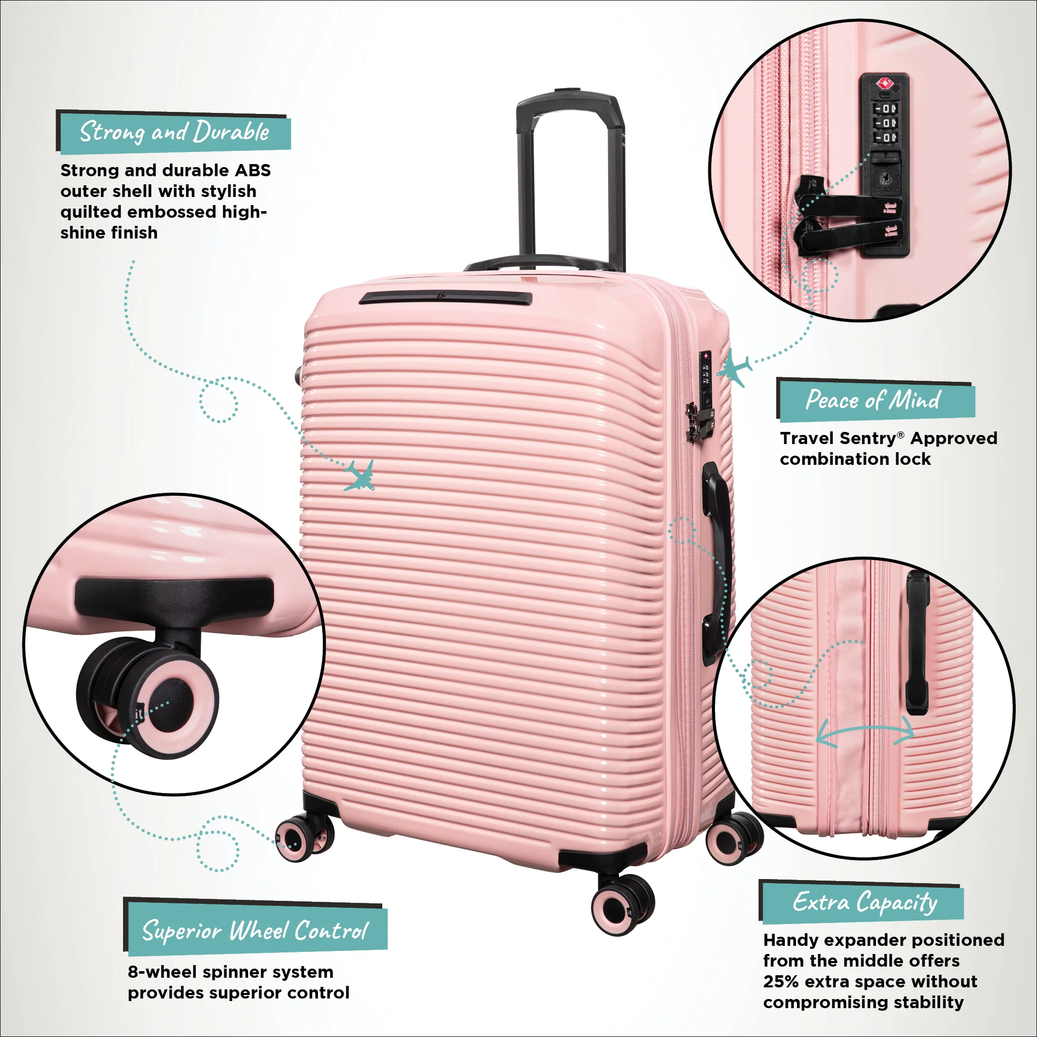 CLOSEOUT - Traversed 28" Hardside Checked 8 Wheel Expandable Spinner (Metallic Rose Gold) - Image 7